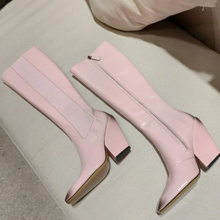 Runway Women Leather Pointed Toe Chunky High Heels Boots