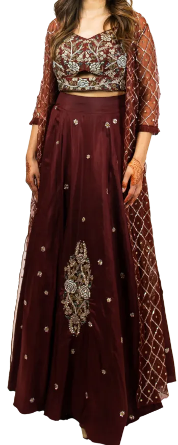 Rust & Silver Beaded Duster Jacket with Crop & Skirt Set