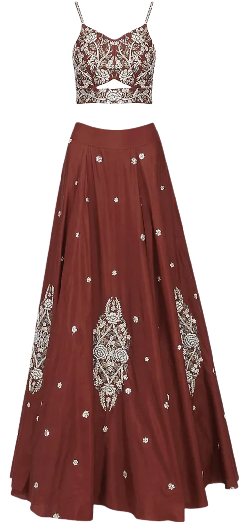 Rust & Silver Beaded Duster Jacket with Crop & Skirt Set