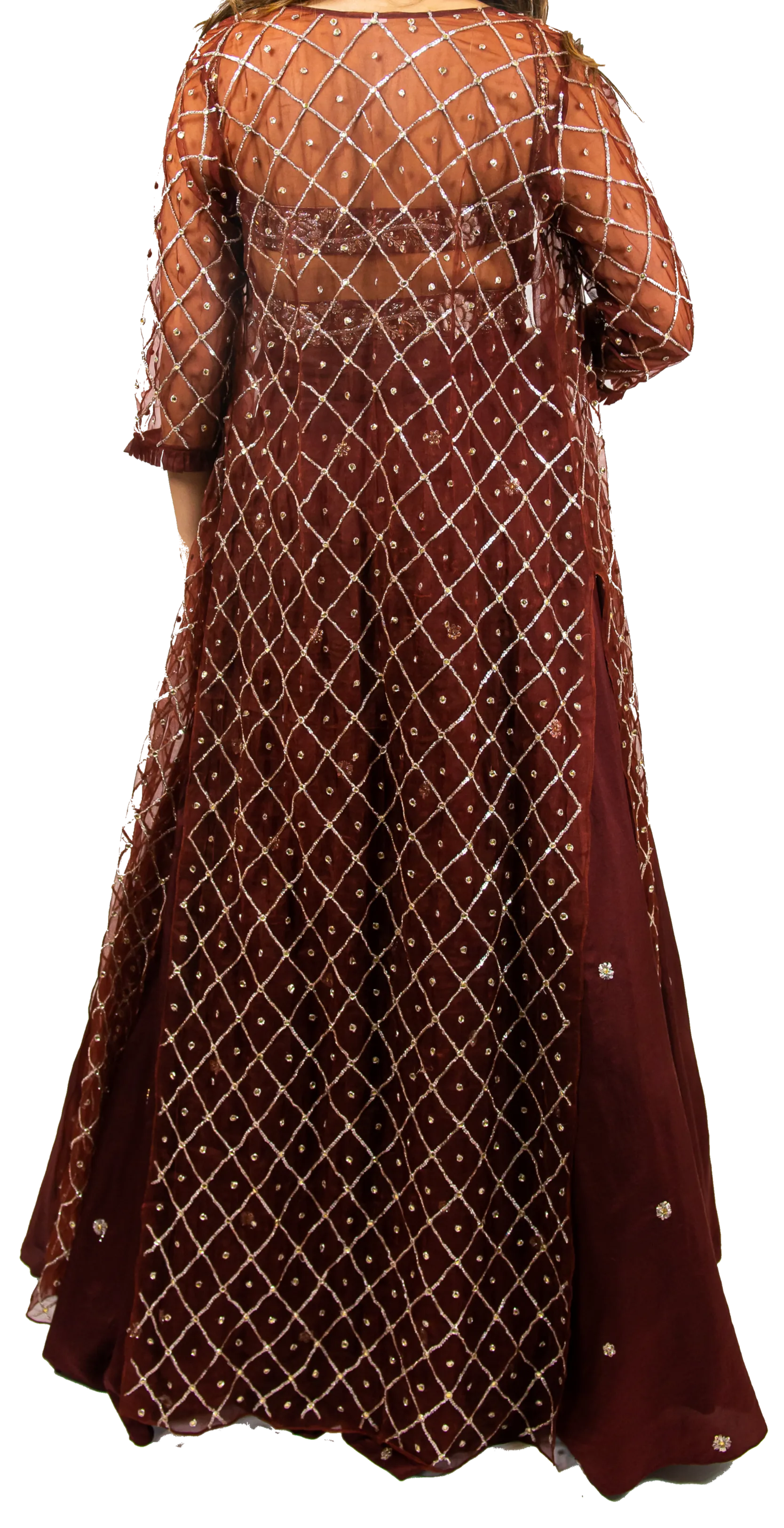 Rust & Silver Beaded Duster Jacket with Crop & Skirt Set