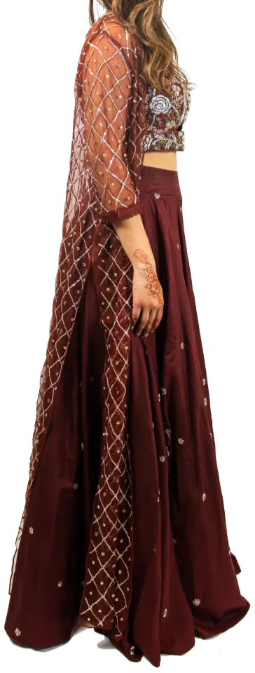 Rust & Silver Beaded Duster Jacket with Crop & Skirt Set