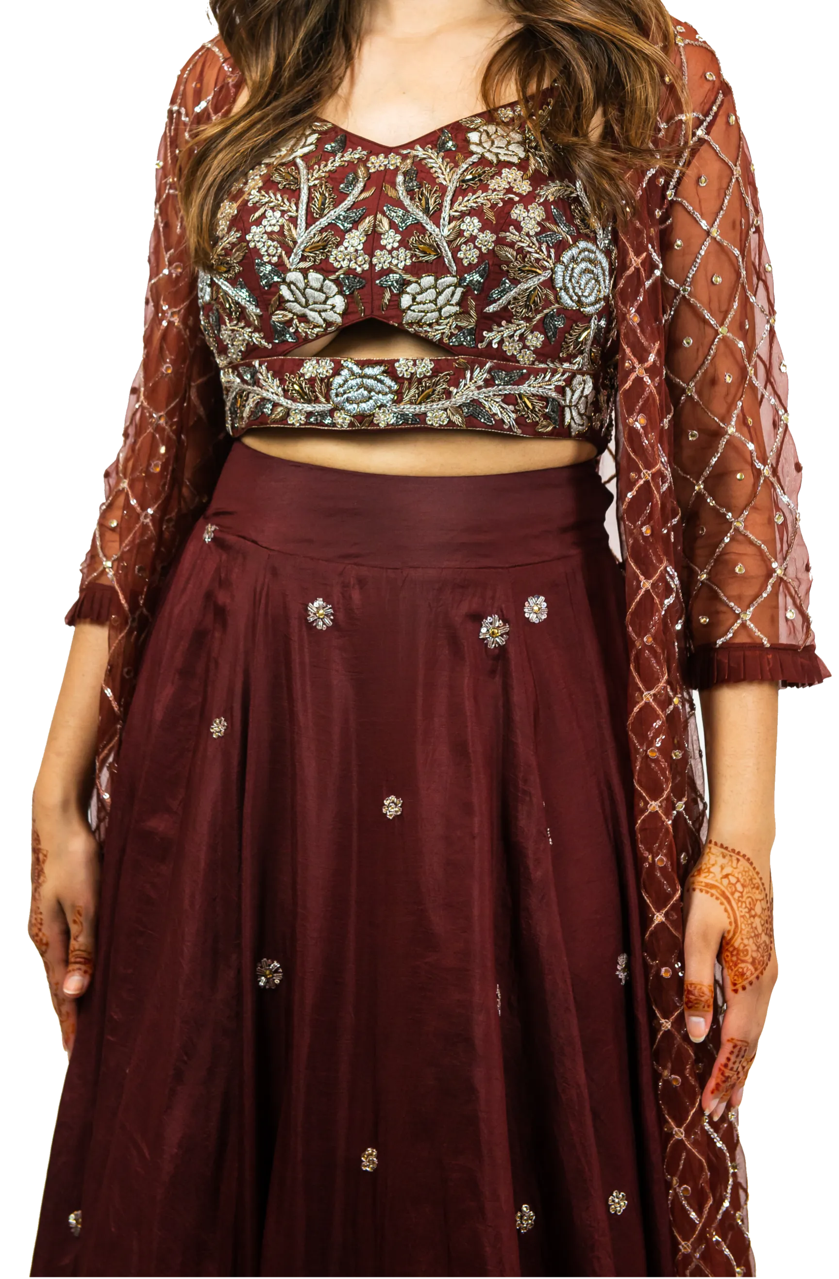 Rust & Silver Beaded Duster Jacket with Crop & Skirt Set