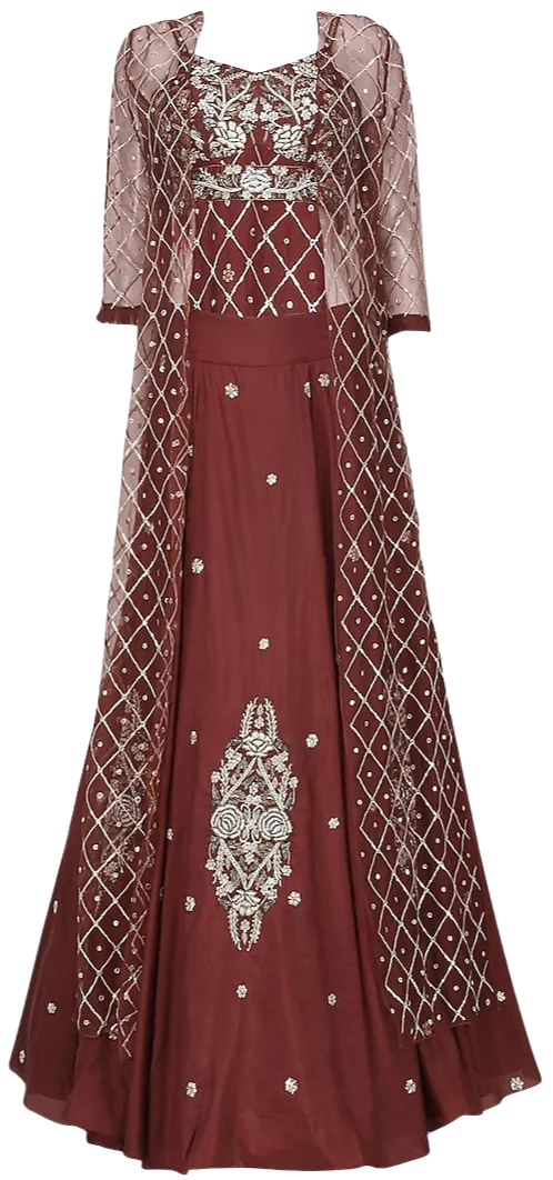 Rust & Silver Beaded Duster Jacket with Crop & Skirt Set