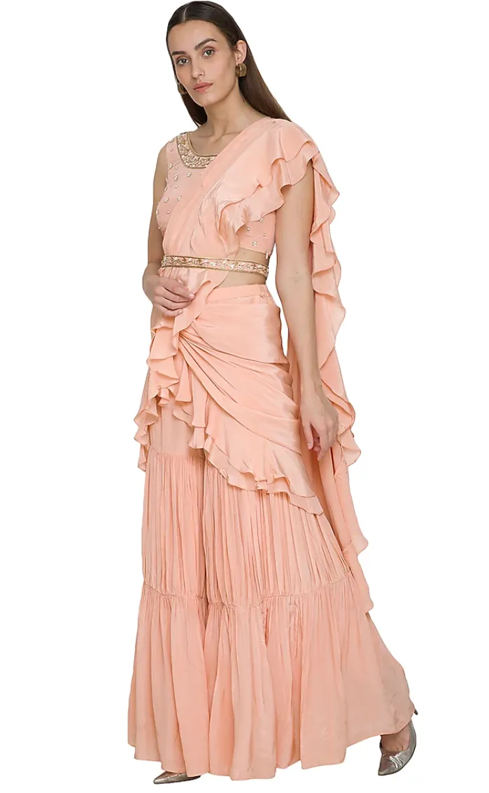 SAMPLE SALE: Peach Ruffle Pre-Draped Sharara Sari
