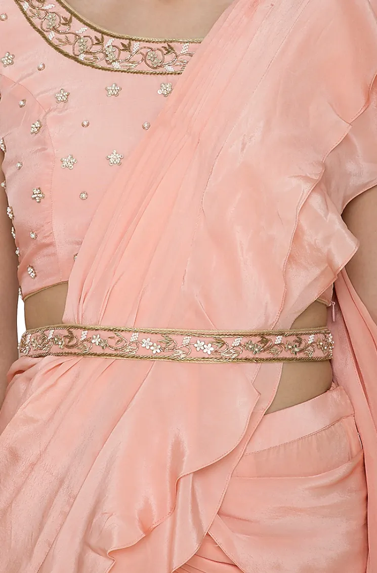 SAMPLE SALE: Peach Ruffle Pre-Draped Sharara Sari