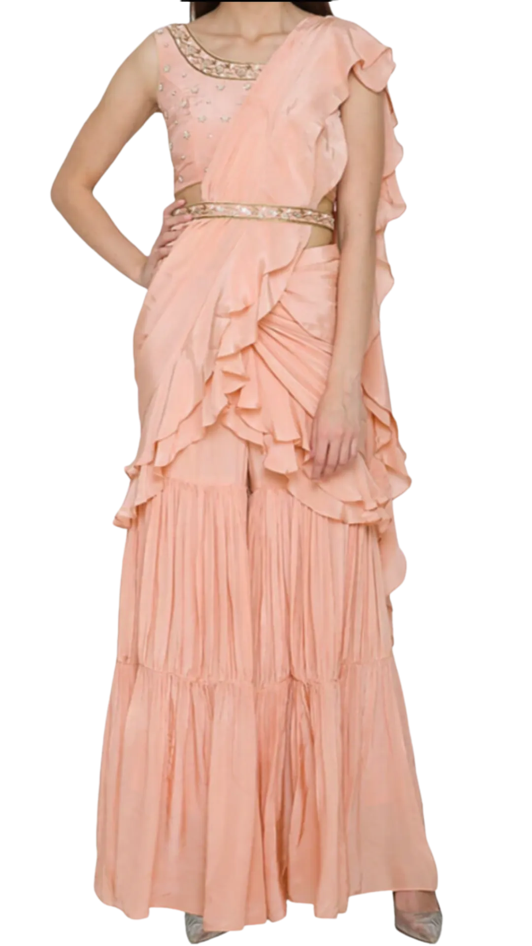 SAMPLE SALE: Peach Ruffle Pre-Draped Sharara Sari
