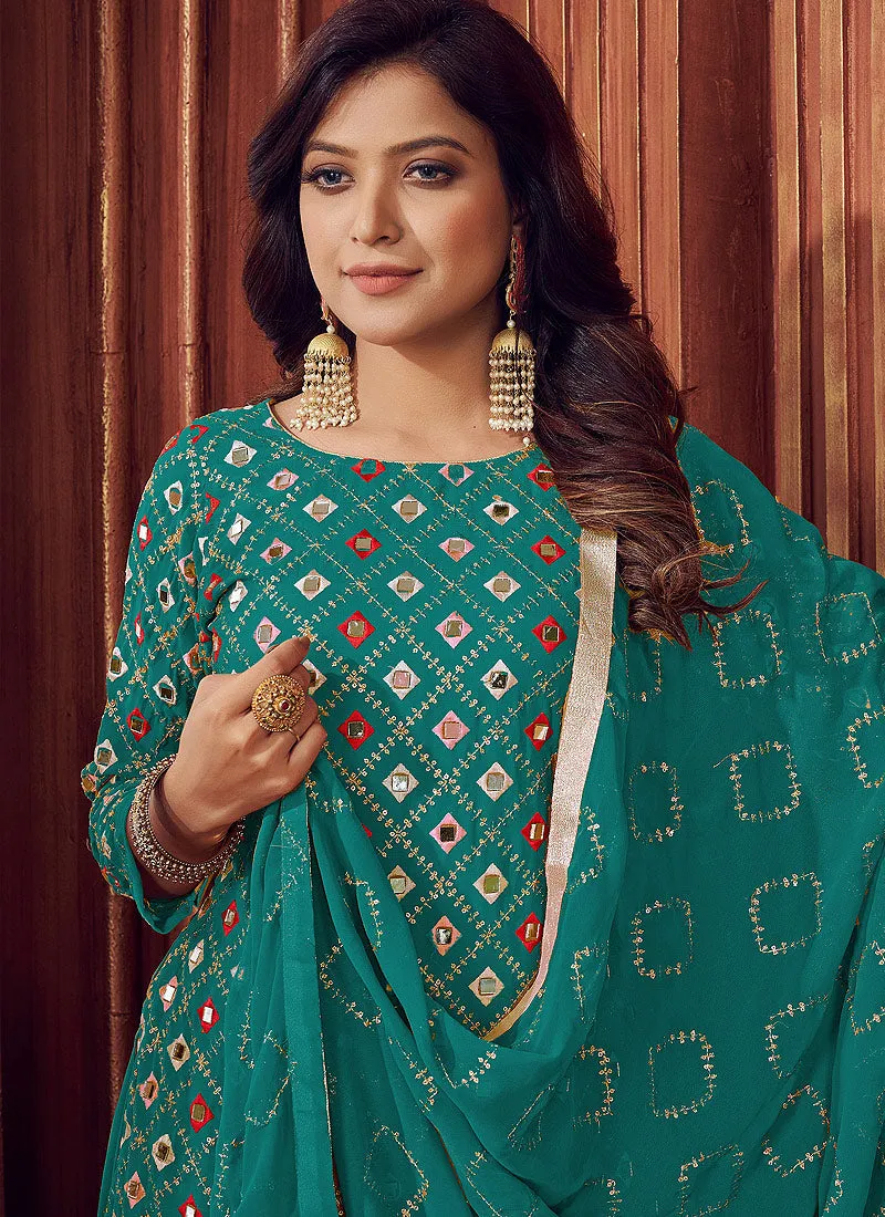 Sea Green Mirror Embroidered Palazzo Suit