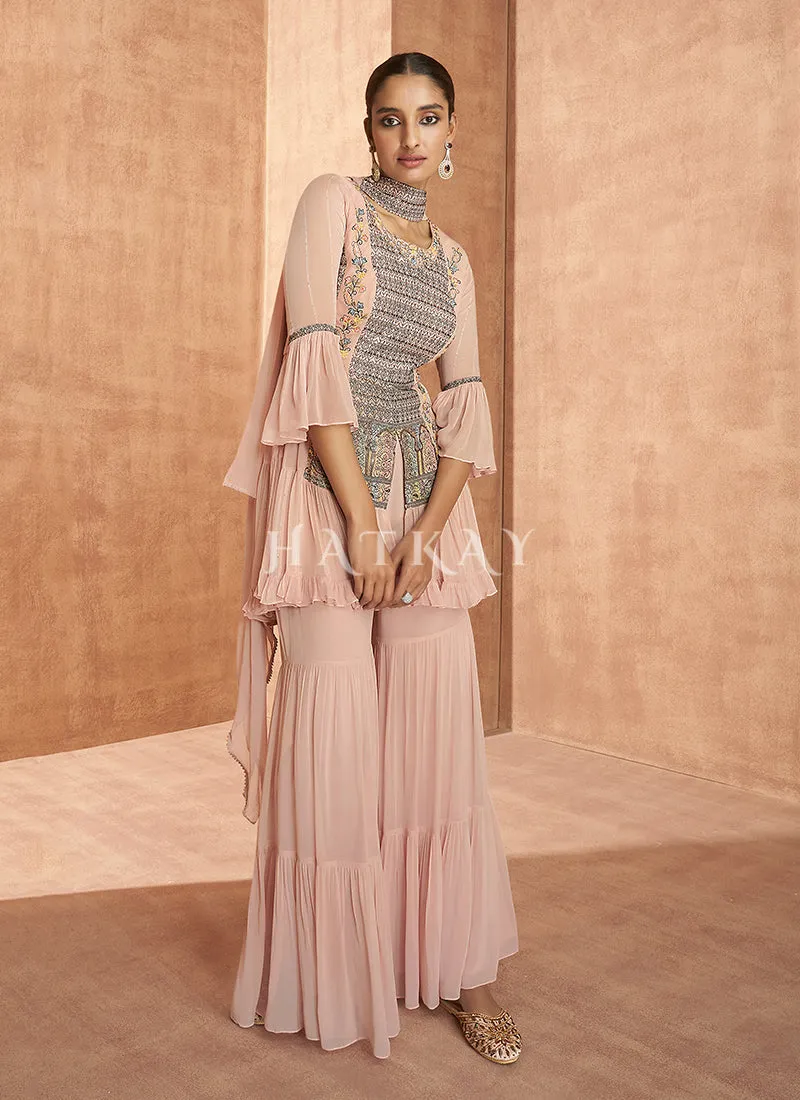 Soft Peach Sequence Embroidered Gharara Style Suit