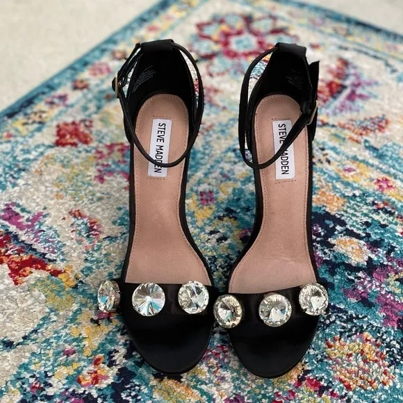 Steve Madden Fabulous Jeweled Black Satin Stiletto Heels 8.5 NEW