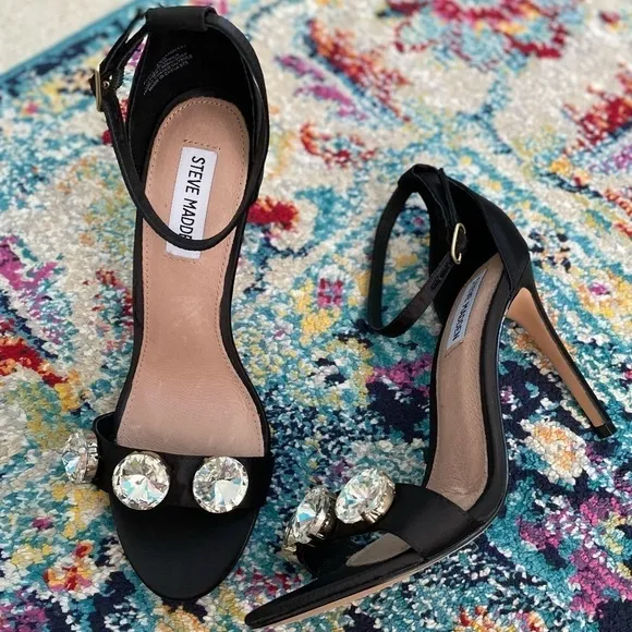 Steve Madden Fabulous Jeweled Black Satin Stiletto Heels 8.5 NEW