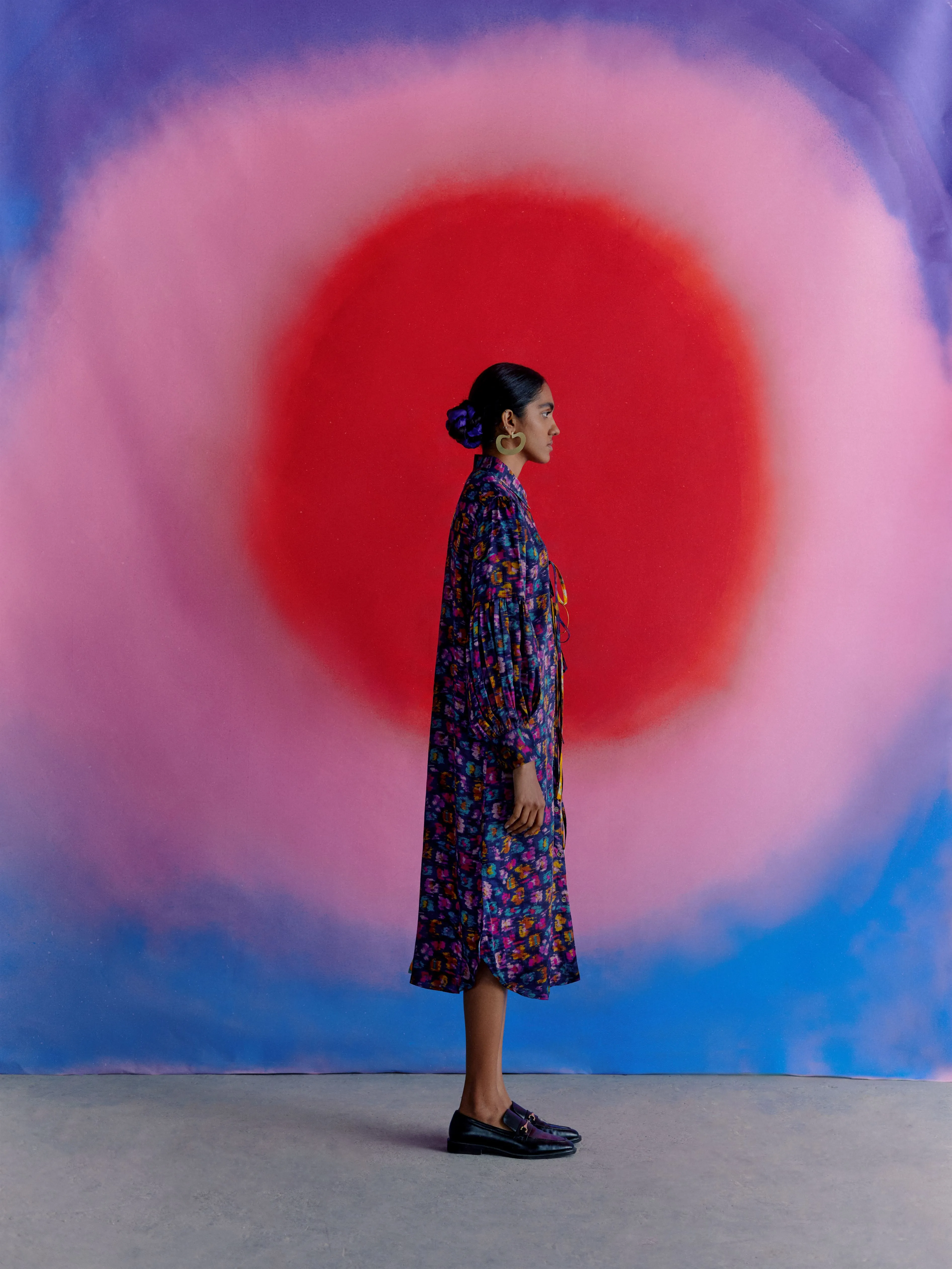 Studio Rigu   I   Womenswear, Western Warlow Half & Half Dress Yellow And Blue Base With Small Flower In Red /Pink/ Blue  Srdd008