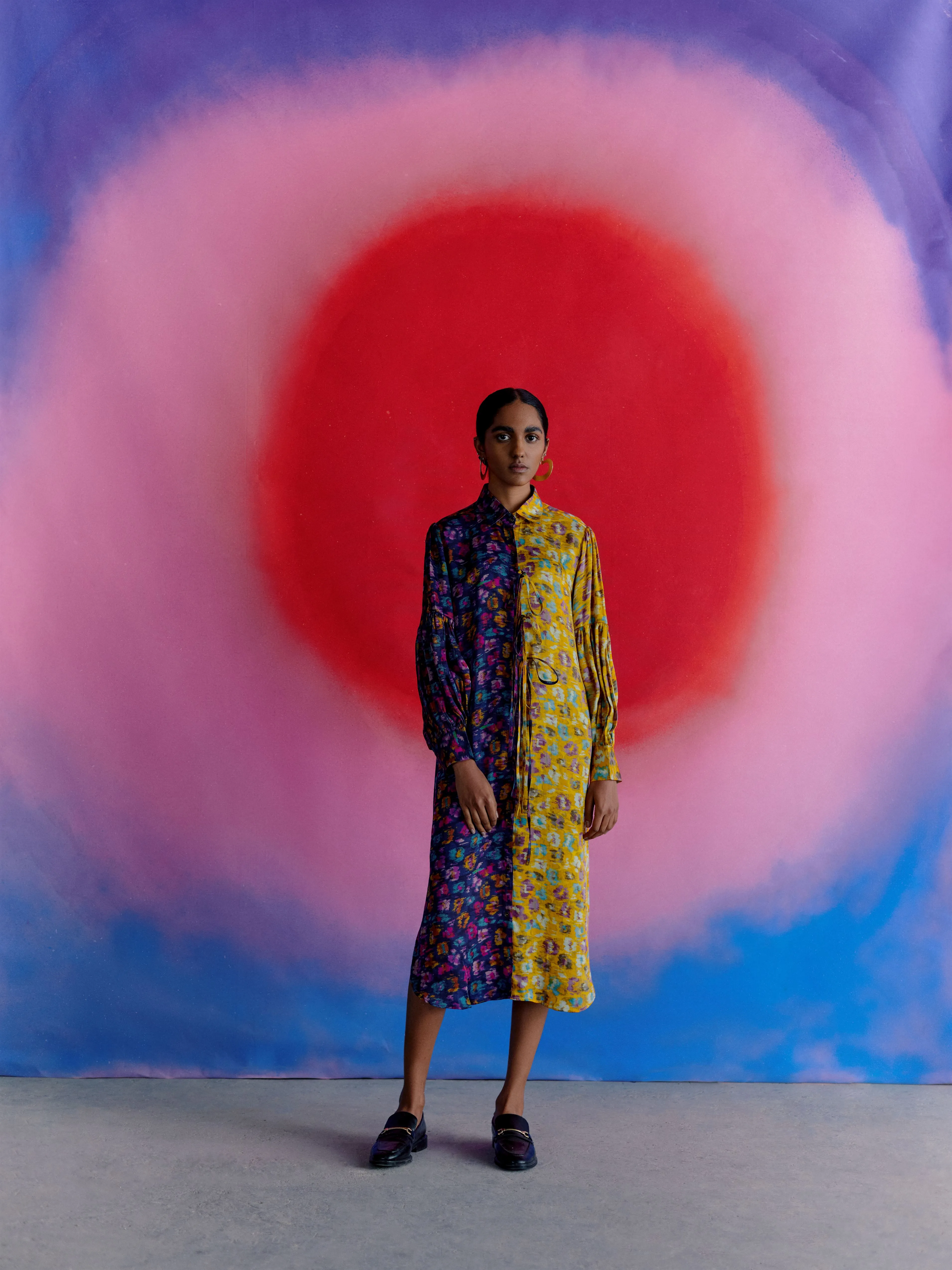 Studio Rigu   I   Womenswear, Western Warlow Half & Half Dress Yellow And Blue Base With Small Flower In Red /Pink/ Blue  Srdd008