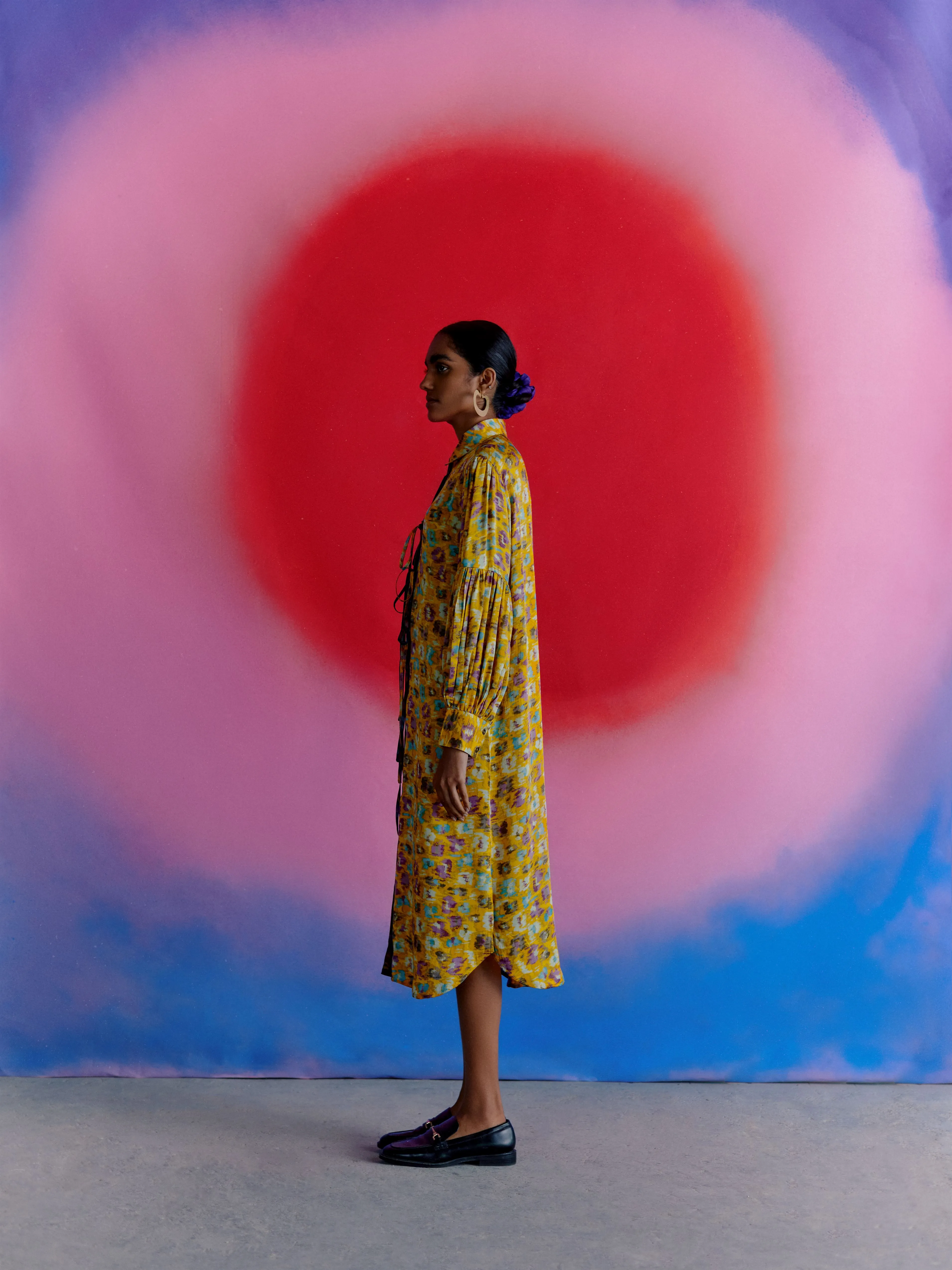 Studio Rigu   I   Womenswear, Western Warlow Half & Half Dress Yellow And Blue Base With Small Flower In Red /Pink/ Blue  Srdd008
