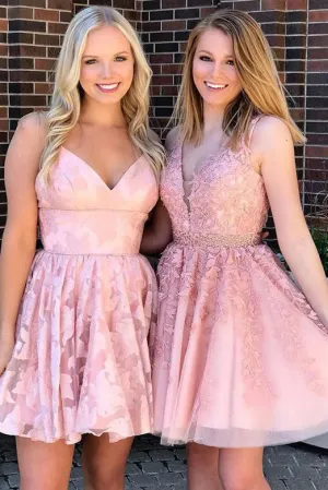 Stylish A Line V Neck Pink Short Homecoming Dresses with Appliques OHM076