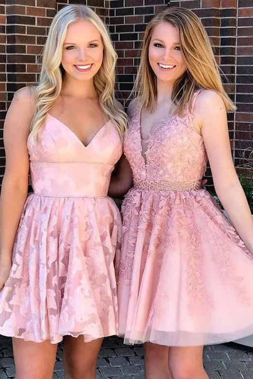 Stylish A Line V Neck Pink Short Homecoming Dresses with Appliques OHM076