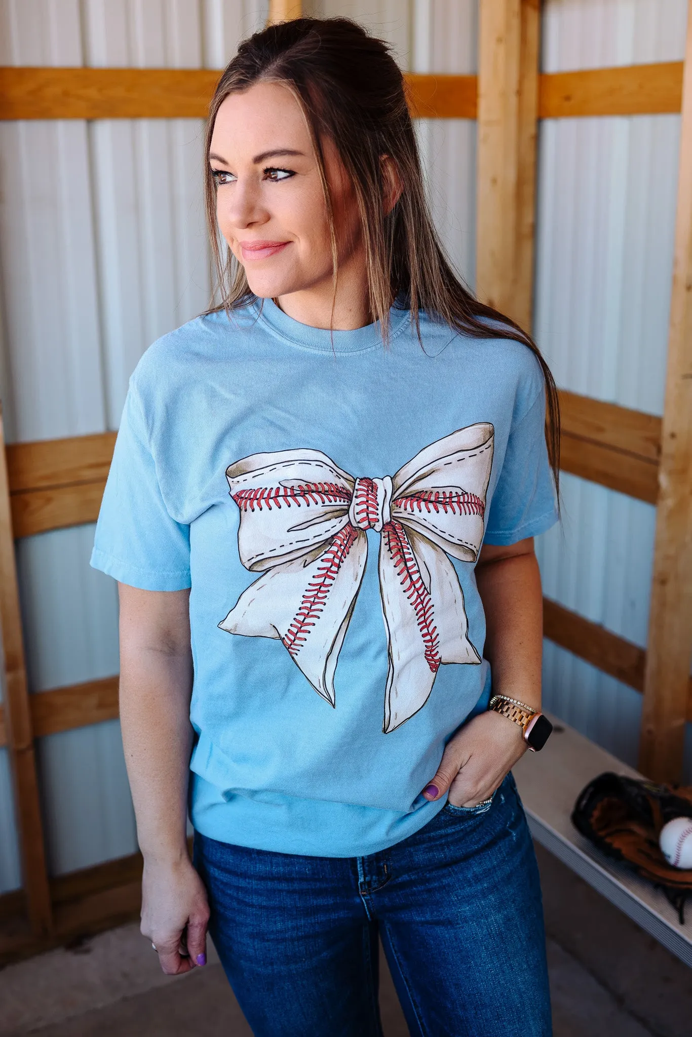 Sweet & Sporty Baseball Bow Graphic Tee - Washed Denim