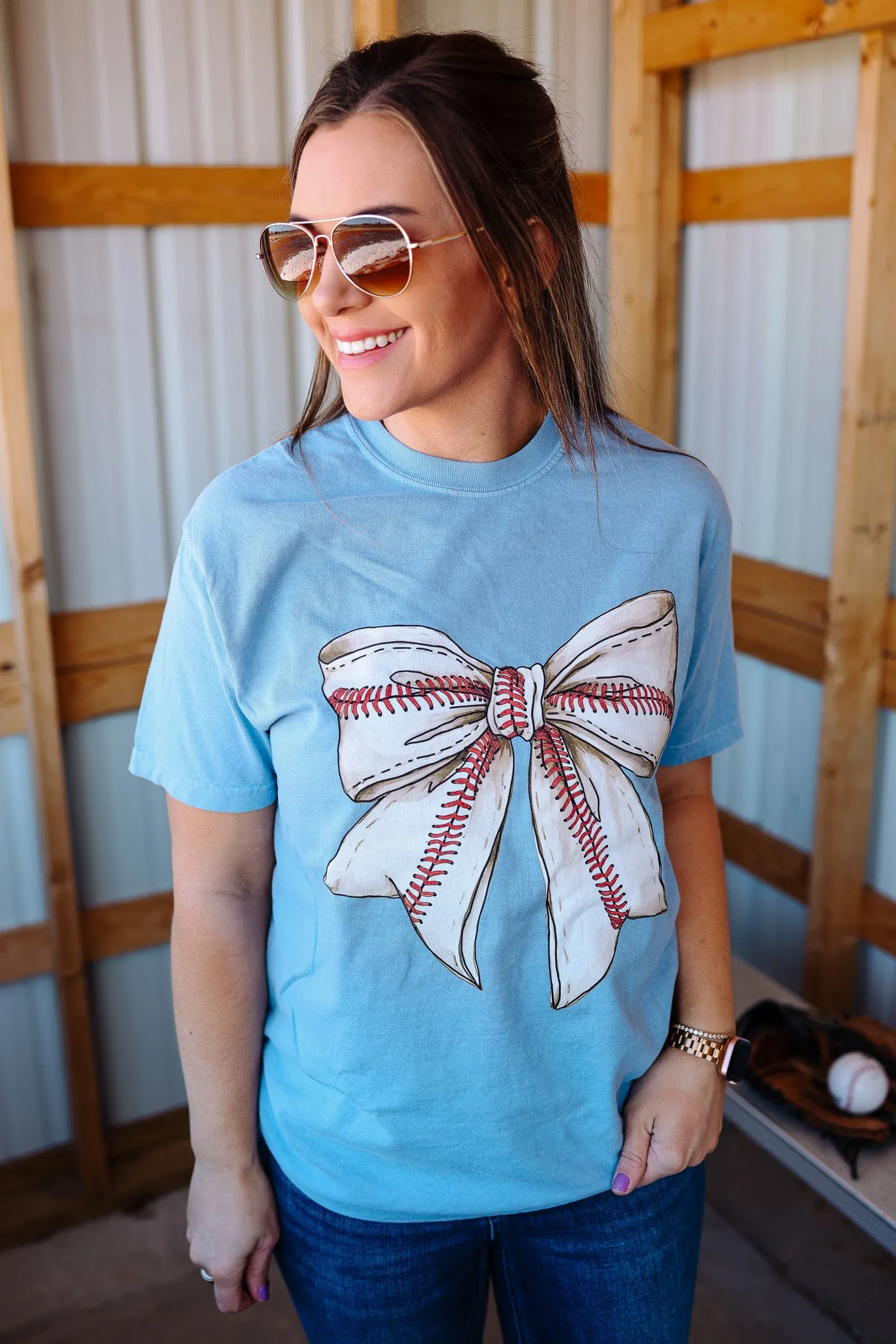 Sweet & Sporty Baseball Bow Graphic Tee - Washed Denim