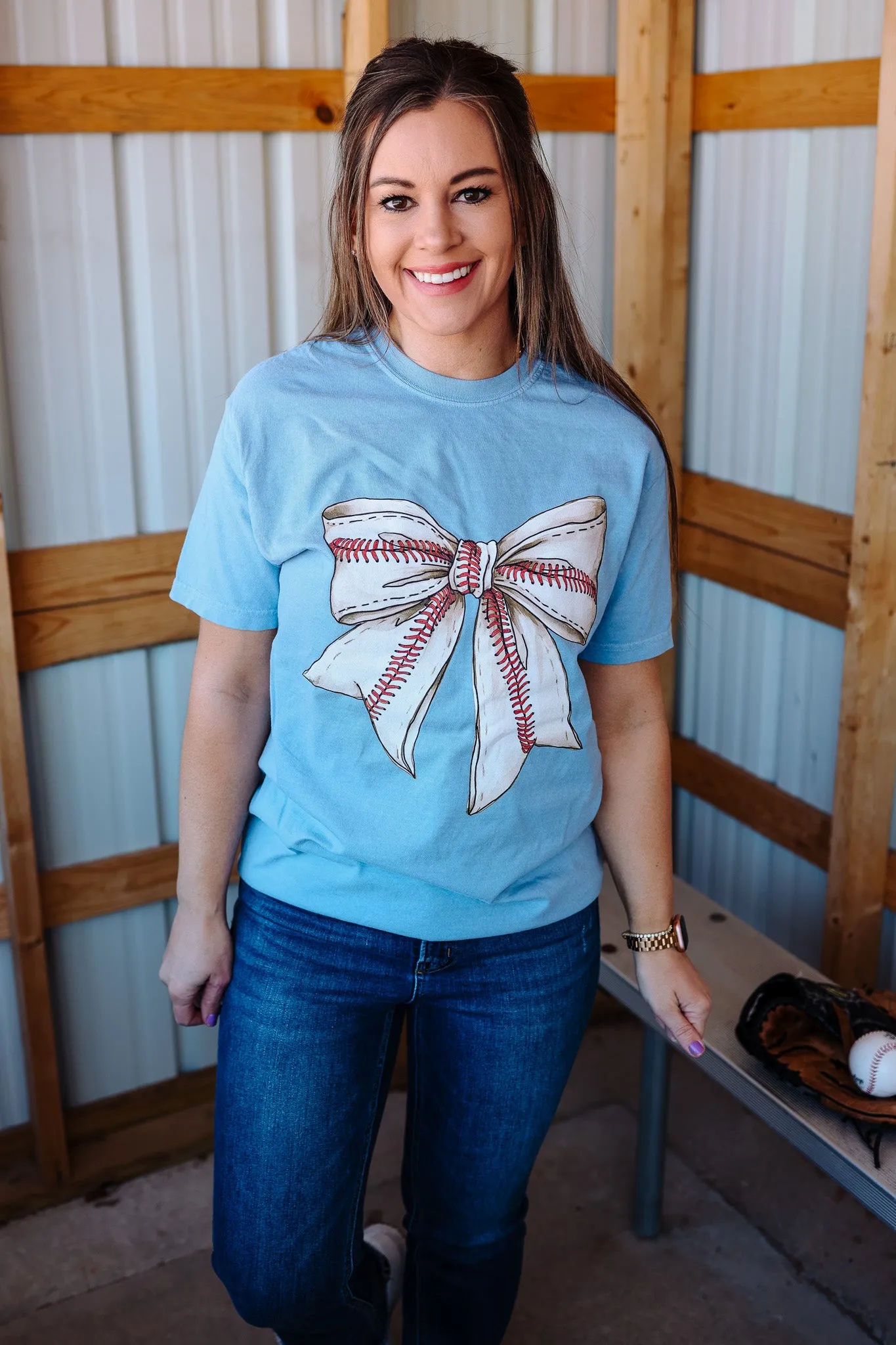 Sweet & Sporty Baseball Bow Graphic Tee - Washed Denim