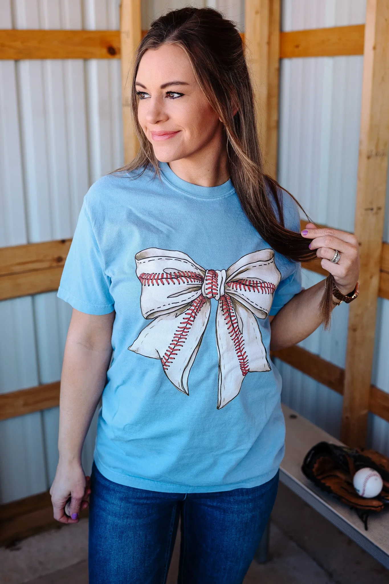 Sweet & Sporty Baseball Bow Graphic Tee - Washed Denim