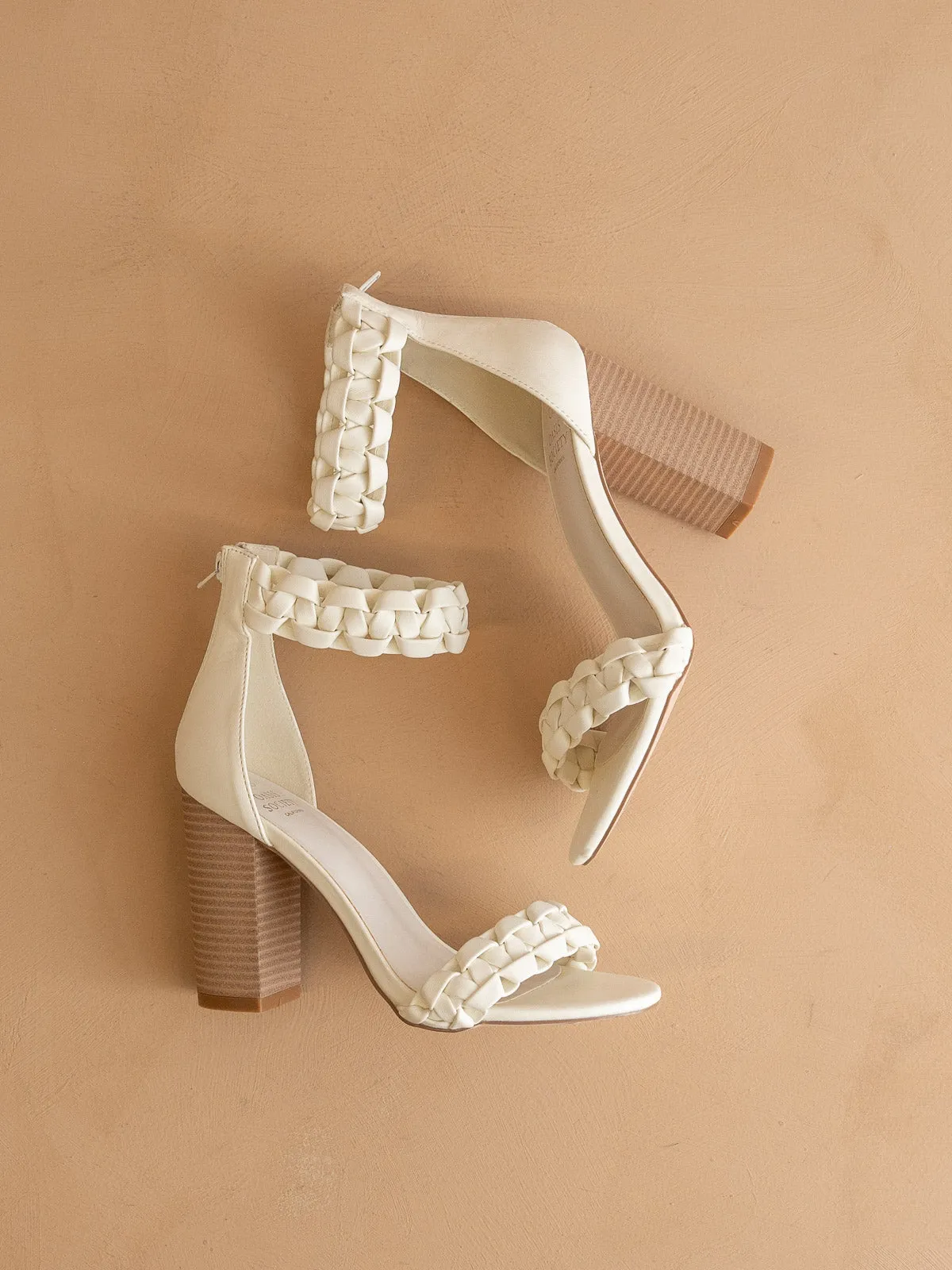 The Melody | White Braided Two Band Block Heel