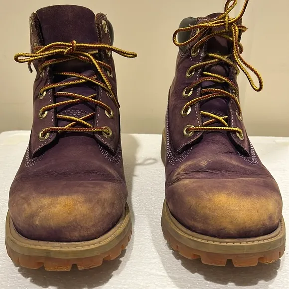 Timberland boys lace up construction boots kids size 5.5 purplish burgundy beige
