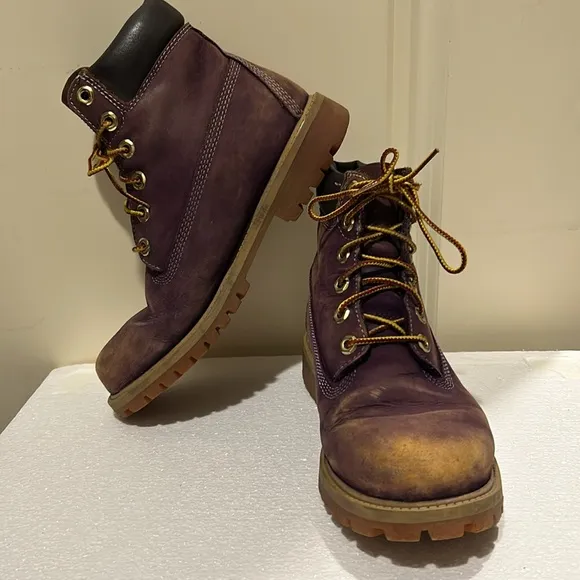 Timberland boys lace up construction boots kids size 5.5 purplish burgundy beige