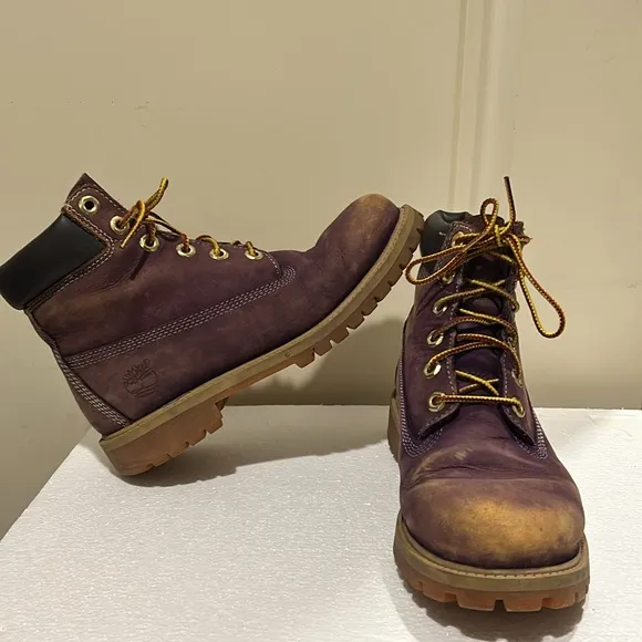 Timberland boys lace up construction boots kids size 5.5 purplish burgundy beige