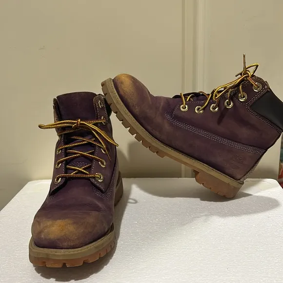 Timberland boys lace up construction boots kids size 5.5 purplish burgundy beige