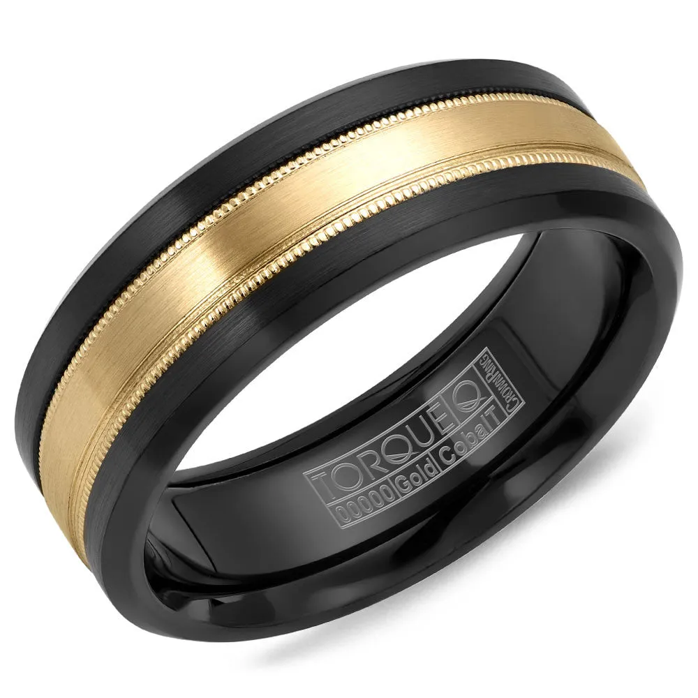 Torque Black Cobalt & Gold Collection 7.5MM Wedding Band with 14K Yellow Gold Carved Center CB035MY75