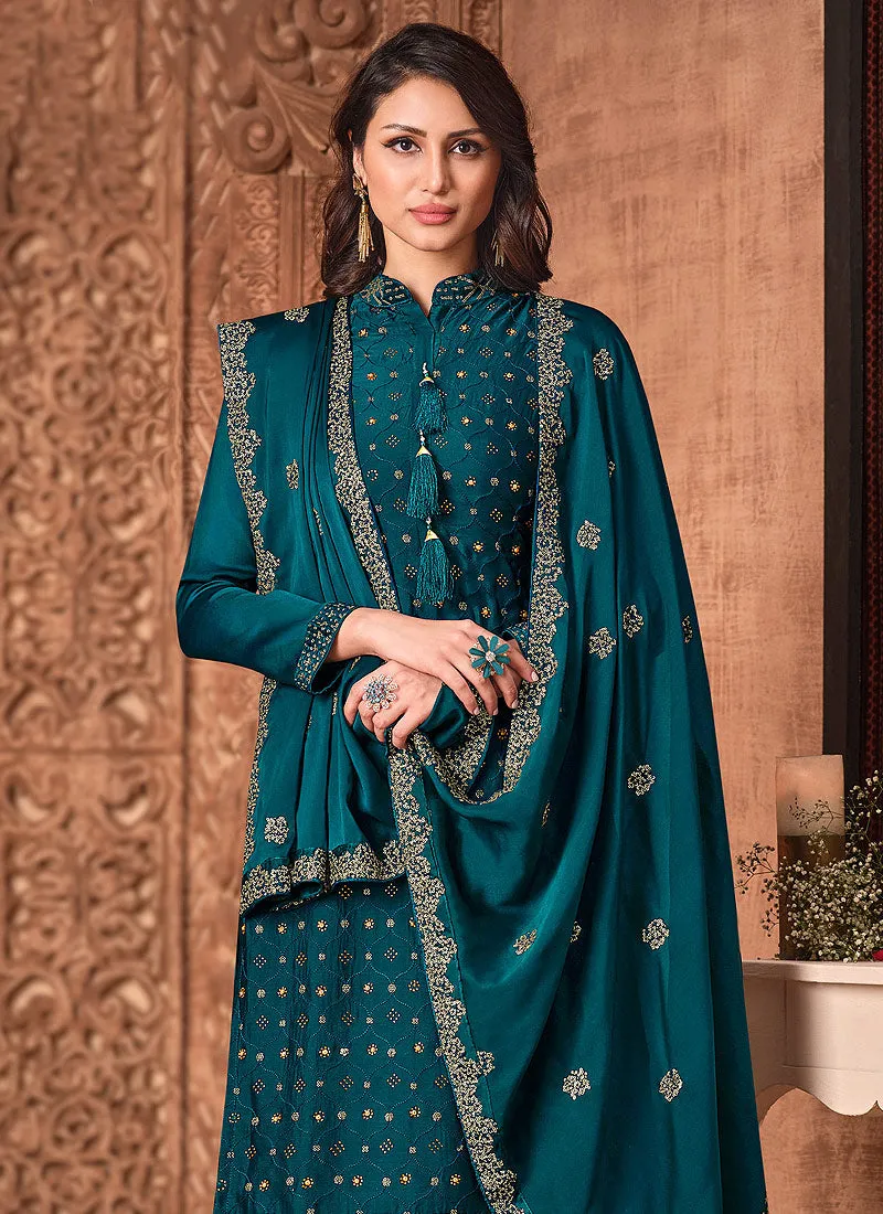 Turquoise Sequence Embroidered Gharara Suit