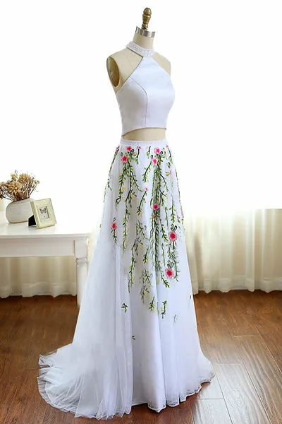 Two Piece High Neck Sweep Train Ivory Tulle Prom Dress with Appliques Q71