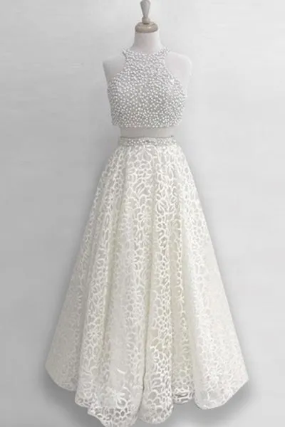 Two Piece Jewel Floor-Length Ivory Lace Prom Dress with Beading Q52