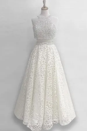 Two Piece Jewel Floor-Length Ivory Lace Prom Dress with Beading Q52