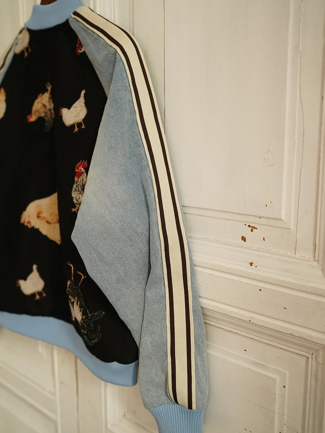 Unlogical Poem Sporty Style Denim Patchwork Yarn-dyed Souvenir Jacket