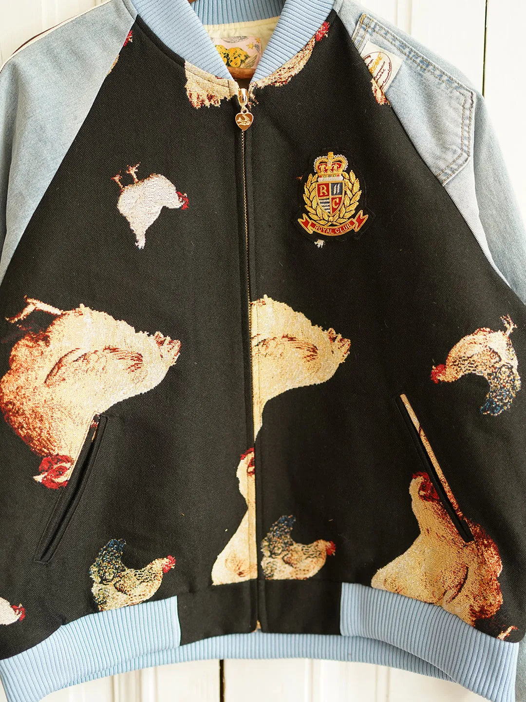Unlogical Poem Sporty Style Denim Patchwork Yarn-dyed Souvenir Jacket