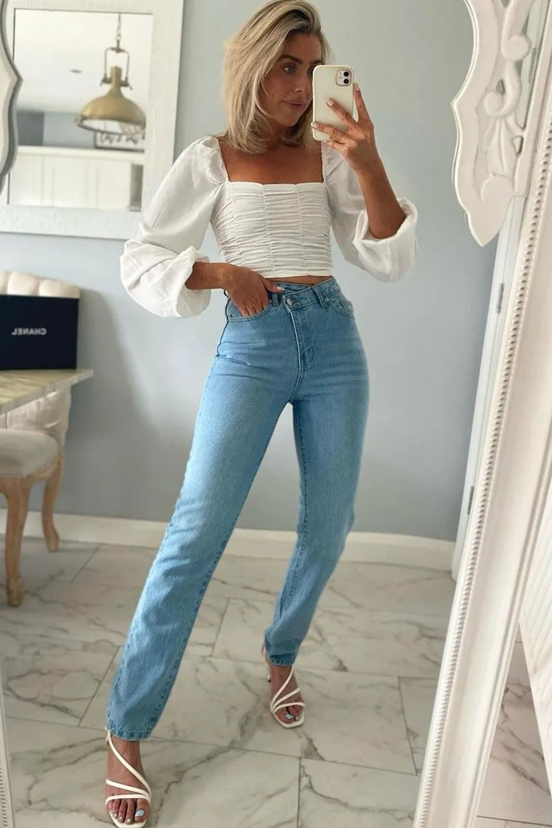 White Ruched Square Neckline Crop Top - Hallie