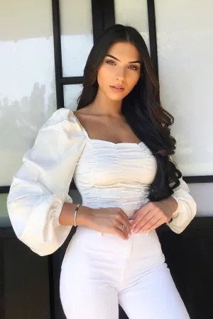 White Ruched Square Neckline Crop Top - Hallie