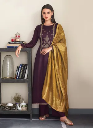Wine And Yellow Embroidered Pant Style Suit