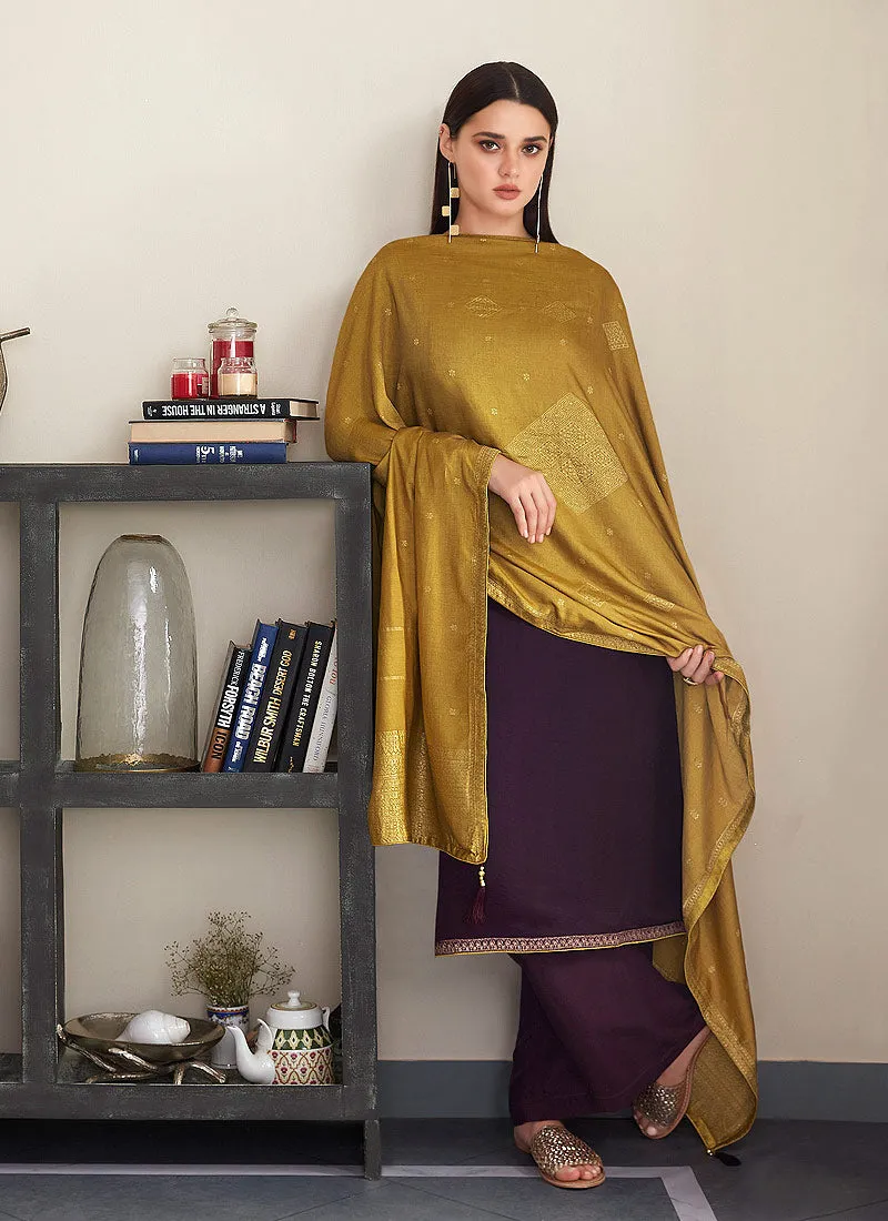 Wine And Yellow Embroidered Pant Style Suit