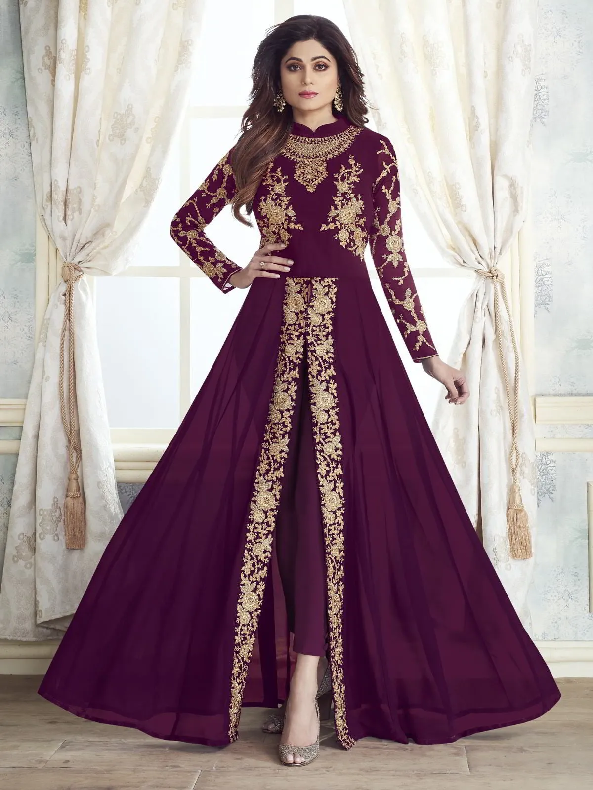 Wine Purple Ethnic Embroidered Designer Slit Style Anarkali Pant Suit