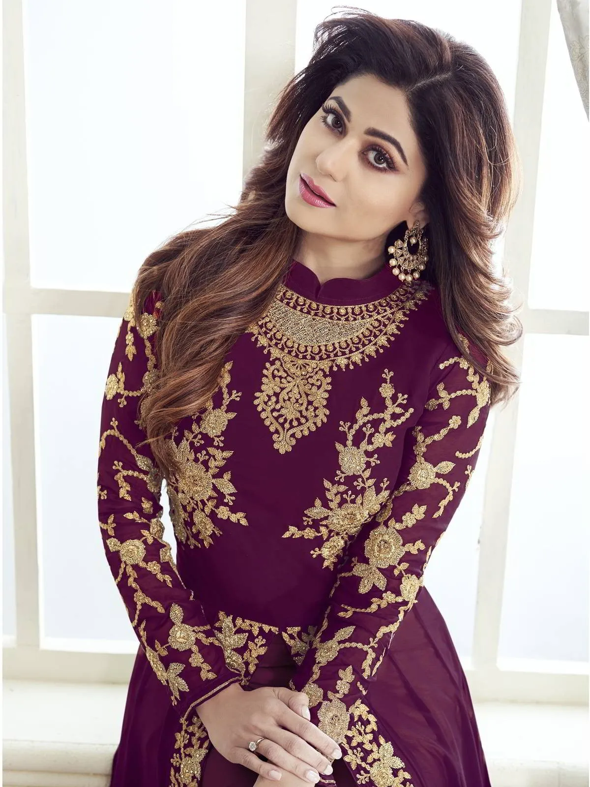 Wine Purple Ethnic Embroidered Designer Slit Style Anarkali Pant Suit