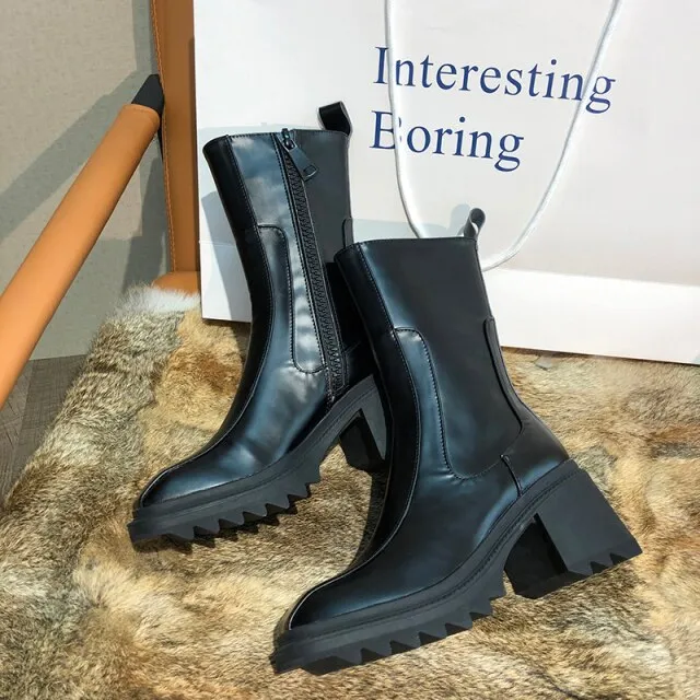 Women Platform Chunky Heels Chelsea Boots