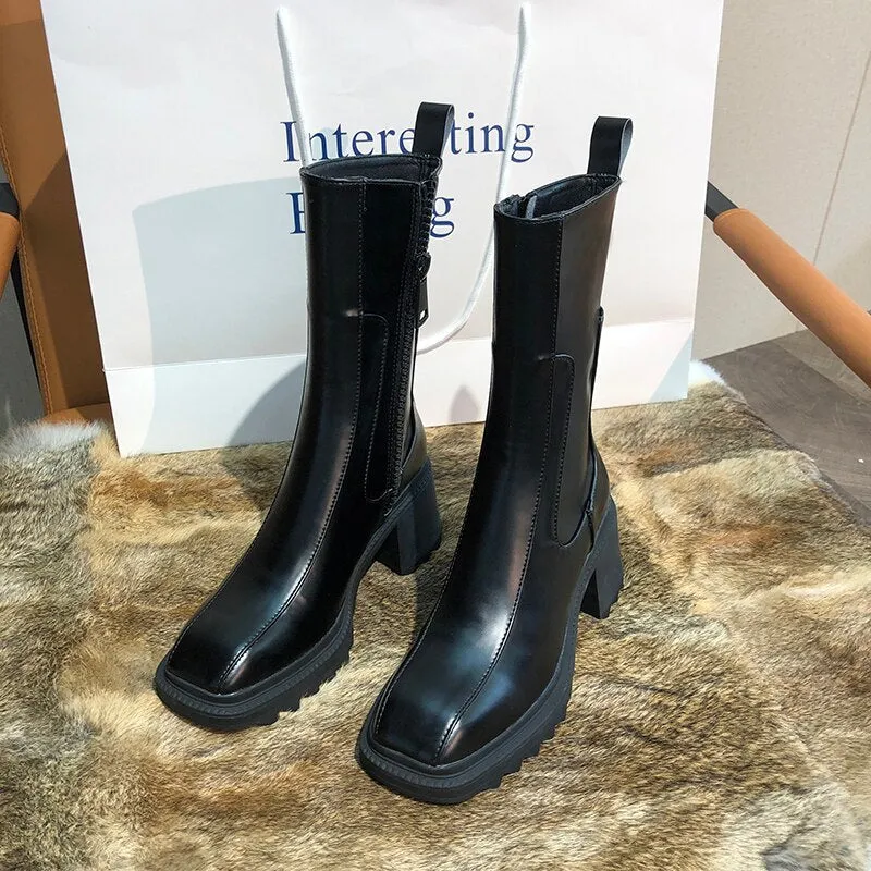 Women Platform Chunky Heels Chelsea Boots