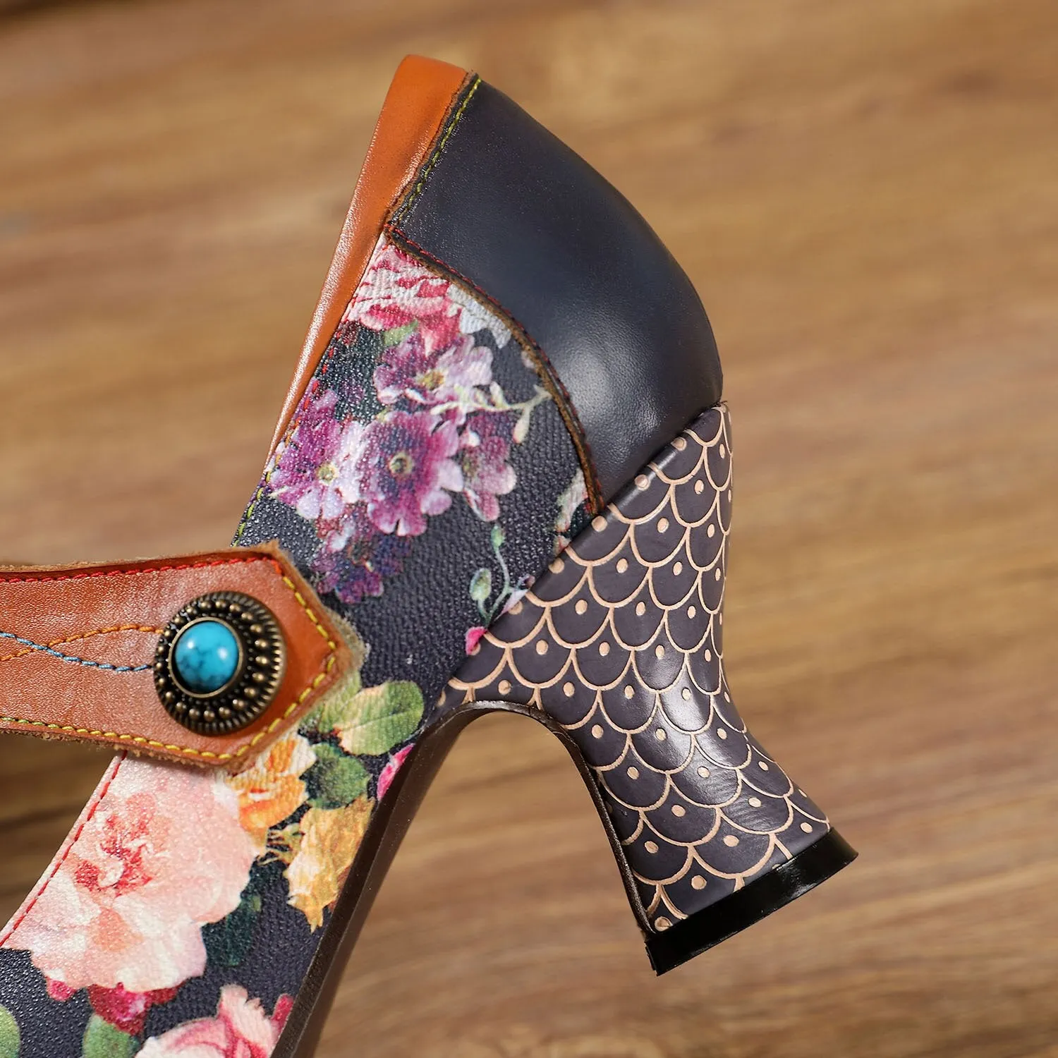Women Shoes Retro Print High Heels Genuine Leather 2021 Handmade