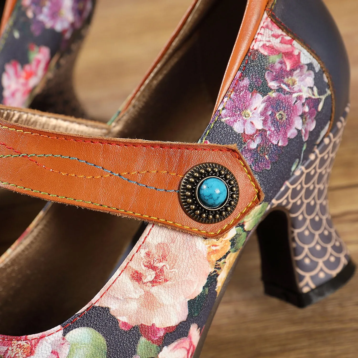 Women Shoes Retro Print High Heels Genuine Leather 2021 Handmade