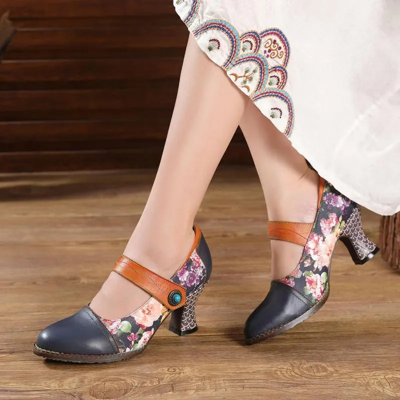 Women Shoes Retro Print High Heels Genuine Leather 2021 Handmade