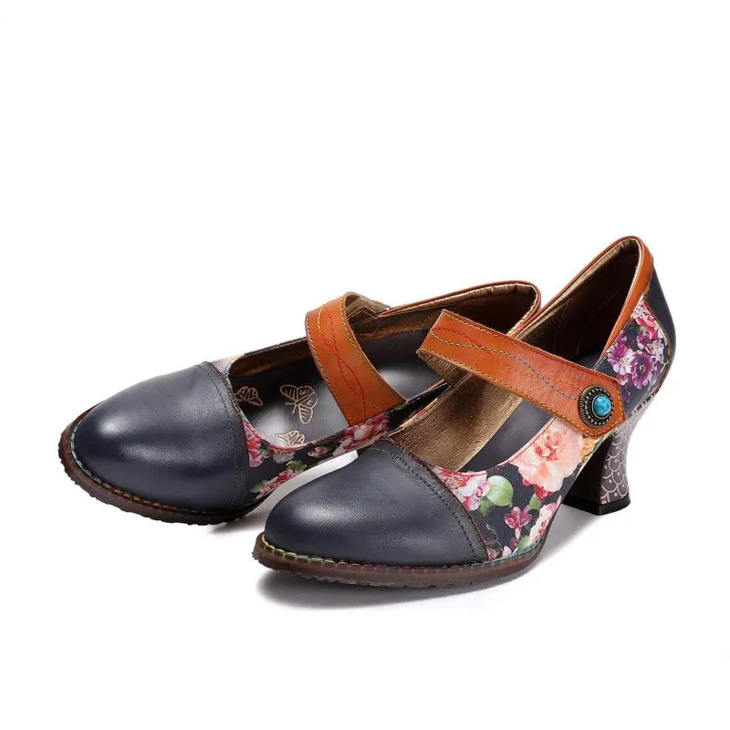 Women Shoes Retro Print High Heels Genuine Leather 2021 Handmade