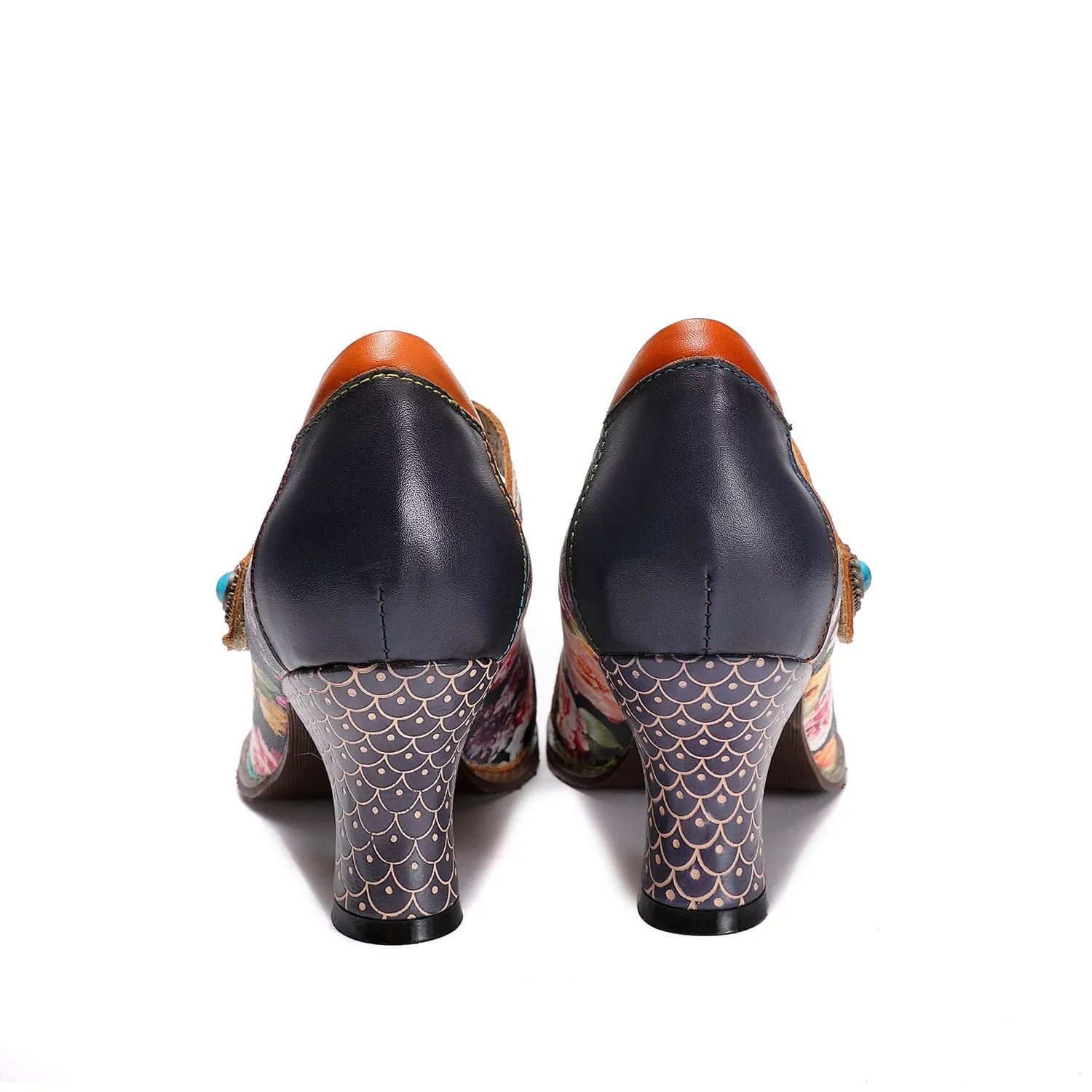 Women Shoes Retro Print High Heels Genuine Leather 2021 Handmade