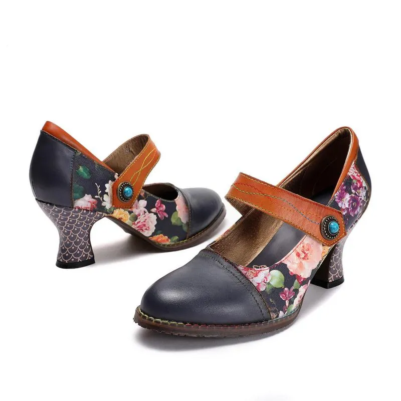 Women Shoes Retro Print High Heels Genuine Leather 2021 Handmade