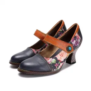 Women Shoes Retro Print High Heels Genuine Leather 2021 Handmade